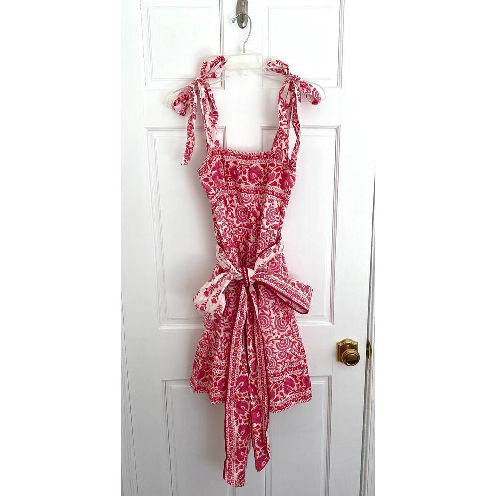 SUE SARTOR Block Print Floral Pink Red Tie Shoulder Waist Mini Swing Dress - Picture 5 of 11